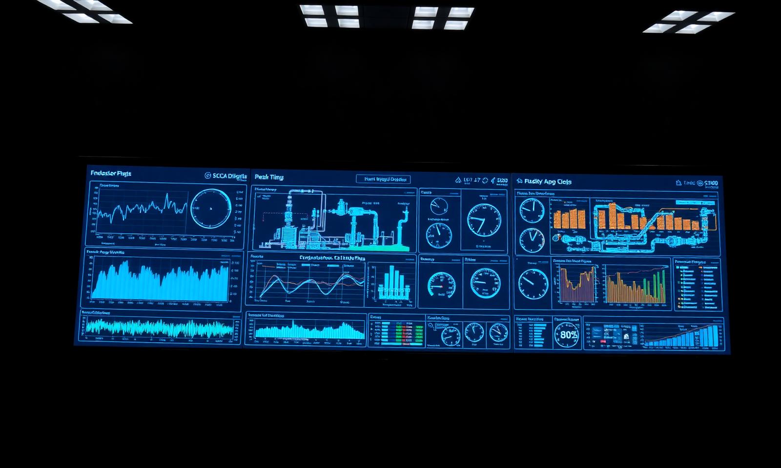 Tela SCADA com gráficos e indicadores de produção em tempo real
